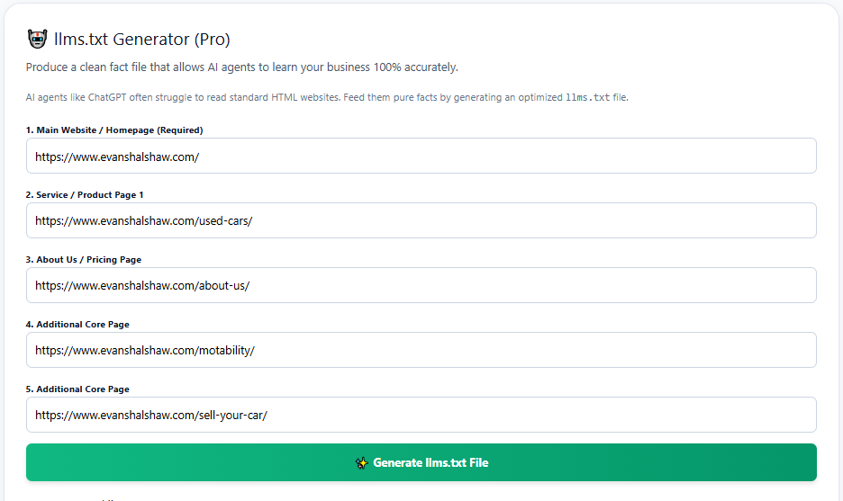 RankAnvil llms.txt Generator Dashboard