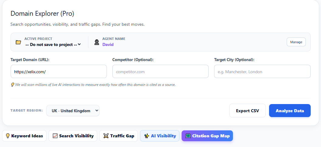 Domain Explorer interface with the AI Visibility tab selected and xelix.com entered as the target domain
