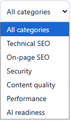 Category filter listing Technical SEO, On-page SEO, Security, Content quality, Performance and AI readiness