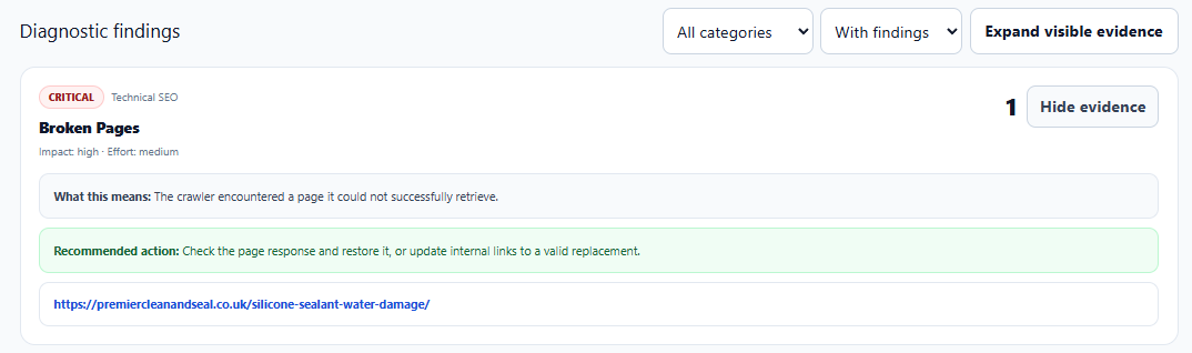 Critical Broken Pages diagnostic with explanation, recommended action and affected URL
