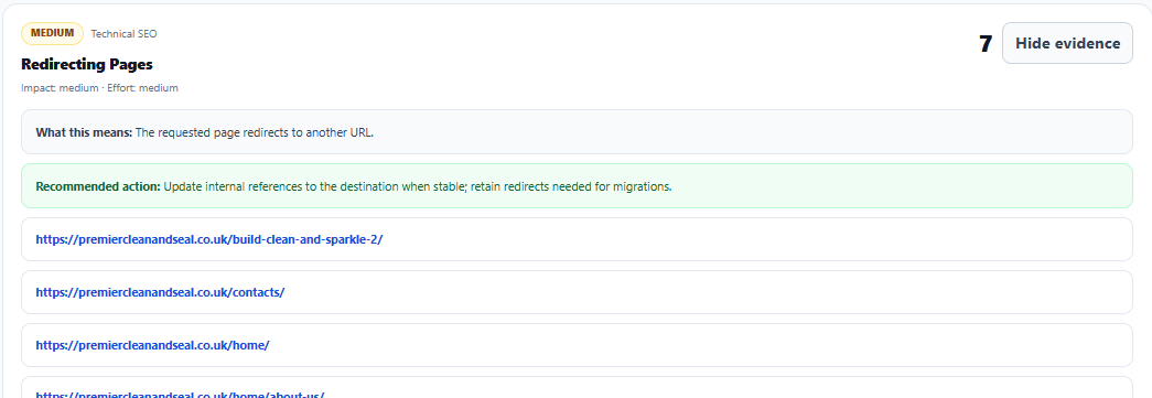 Expanded Redirecting Pages diagnostic showing the reason, suggested action and affected URLs
