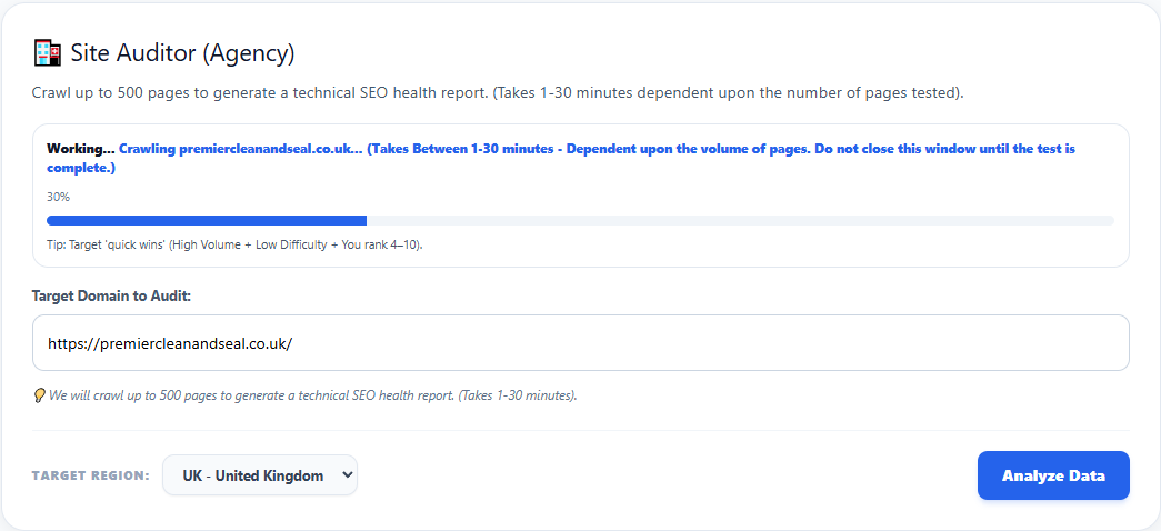 Site Auditor showing the crawl in progress at 30 percent