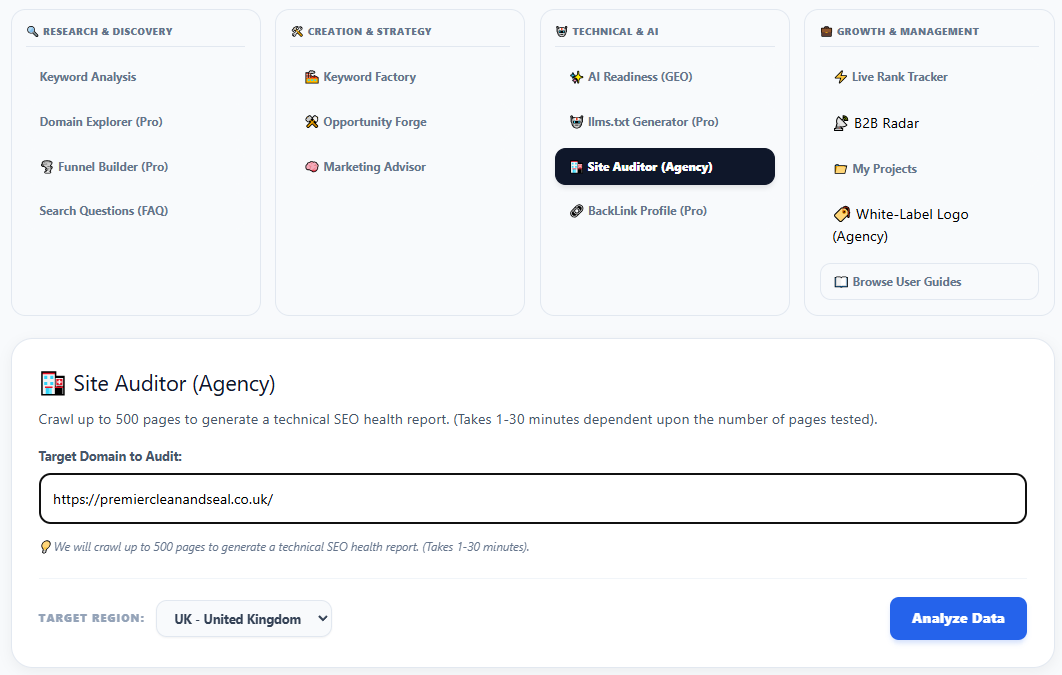 RankAnvil Site Auditor selected in the tools dashboard, showing the target website field, region selector and Analyze Data button